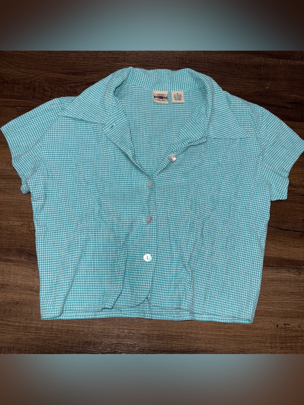 Vintage Jeanswear County Seat 1973 Brand Light Aqua Gingham Button-Up Crop Top
